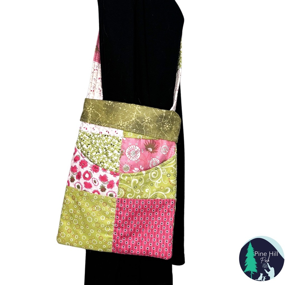 Quilted Crossbody Bag Small Floral Pink Green Patchwork Cottagecore 10.5” X 8.5”